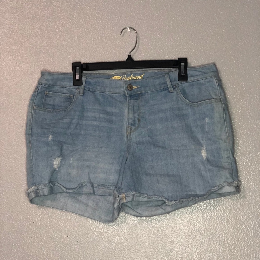 light blue distressed boyfriend fit shorts